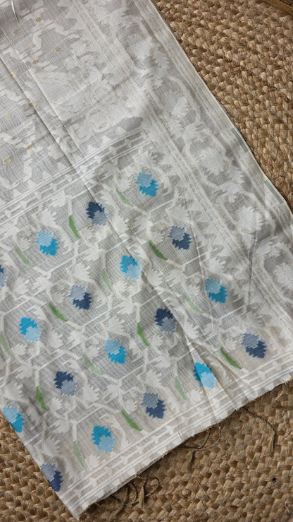 Mohini | Blue/off-white Cotton Silk Jamdani Saree