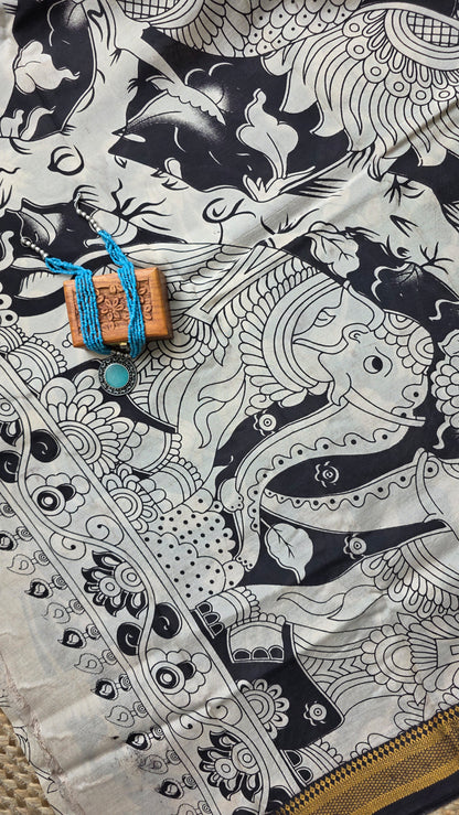 Katha Ivory Outline Chennuri Silk|kalamkari Saree