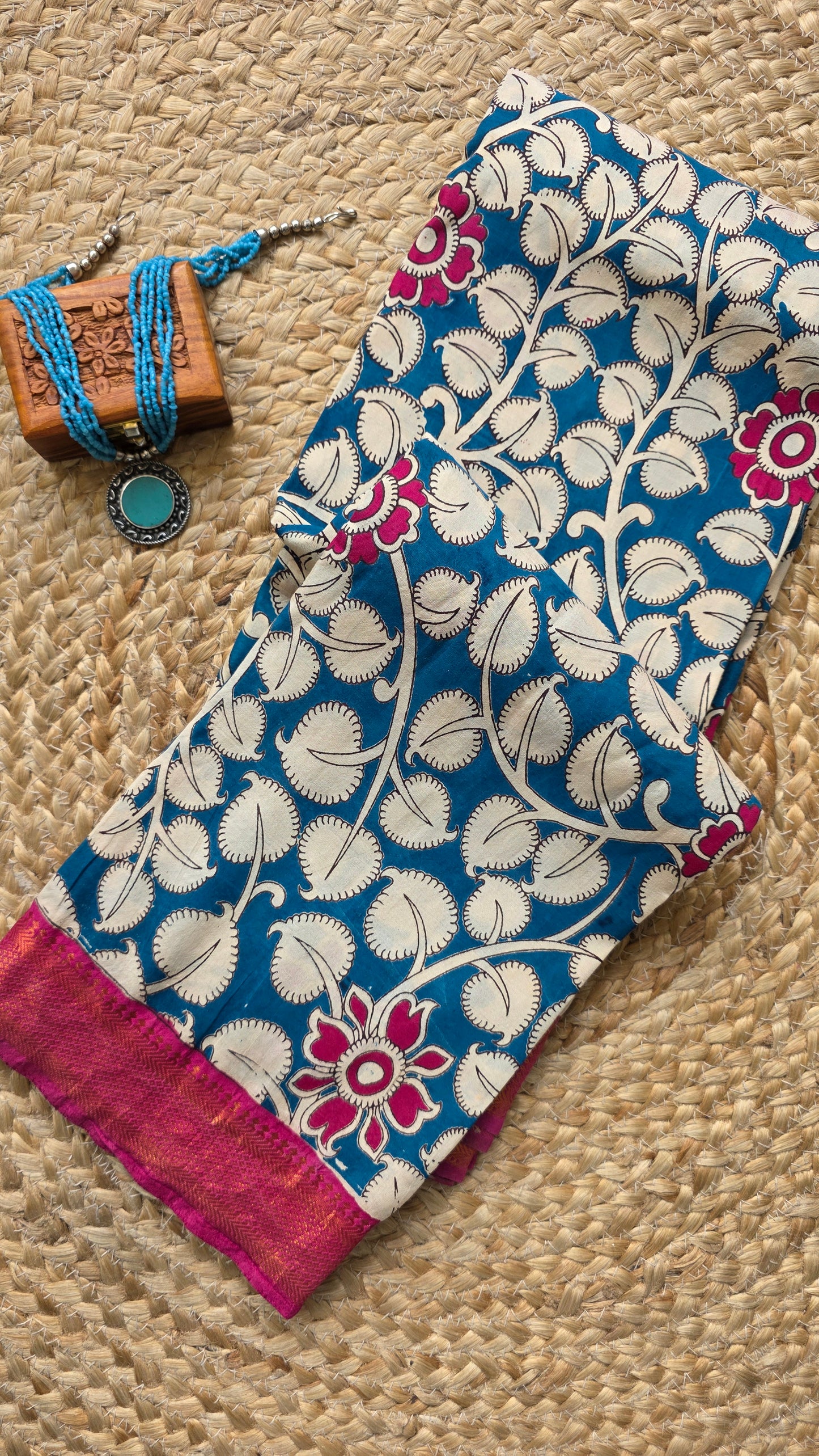 Katha Blue Outline Chennuri Silk|kalamkari Saree