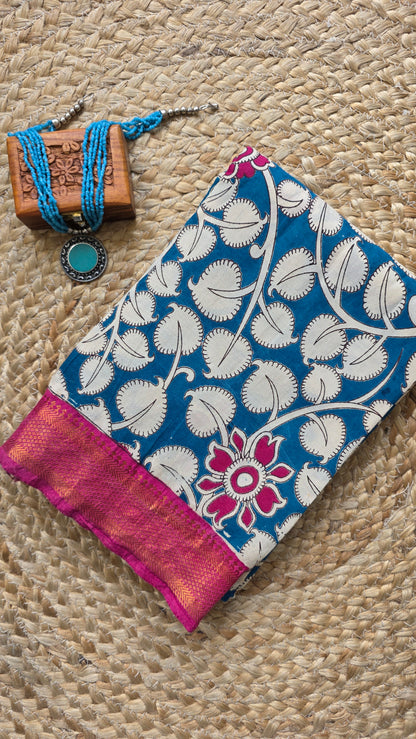 Katha Blue Outline Chennuri Silk|kalamkari Saree