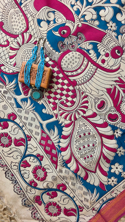 Katha Blue Outline Chennuri Silk|kalamkari Saree