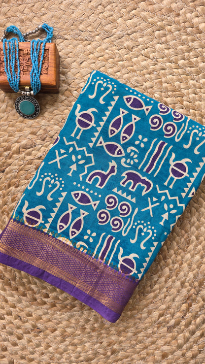 Katha Blue Outline Chennuri Silk|kalamkari Saree