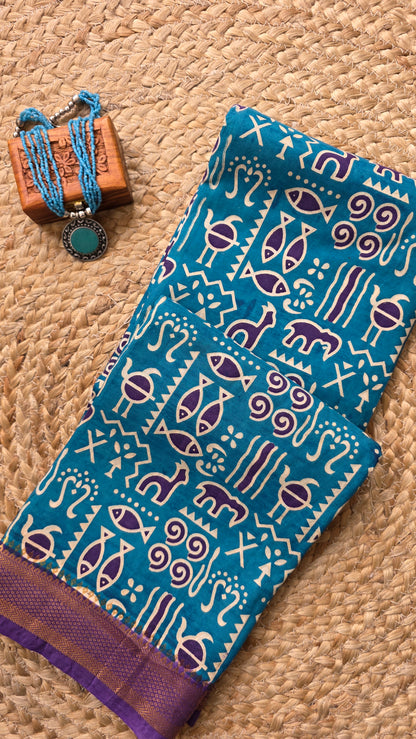 Katha Blue Outline Chennuri Silk|kalamkari Saree