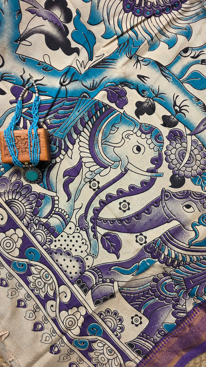 Katha Blue Outline Chennuri Silk|kalamkari Saree