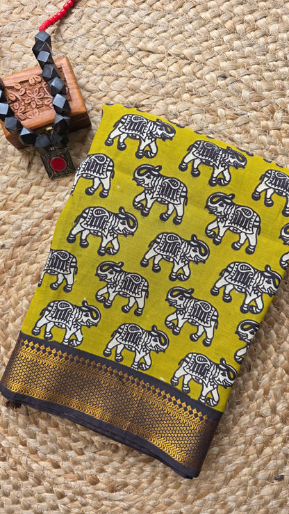 Katha Green Outline Chennuri Silk|kalamkari Saree