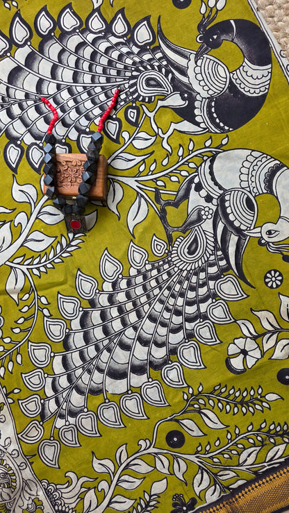Katha Green Outline Chennuri Silk|kalamkari Saree