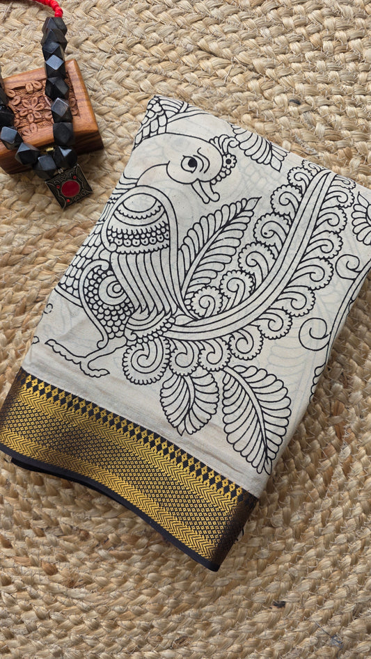 Katha ivory/black Chennuri Silk|kalamkari Saree