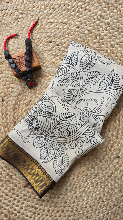 Katha ivory/black Chennuri Silk|kalamkari Saree