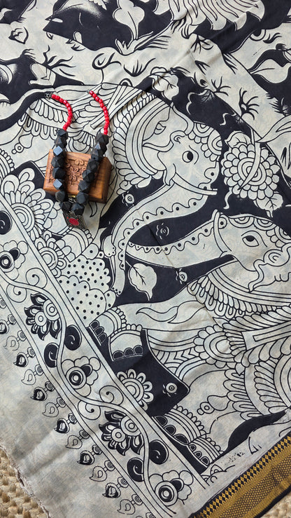 Katha ivory/black Chennuri Silk|kalamkari Saree