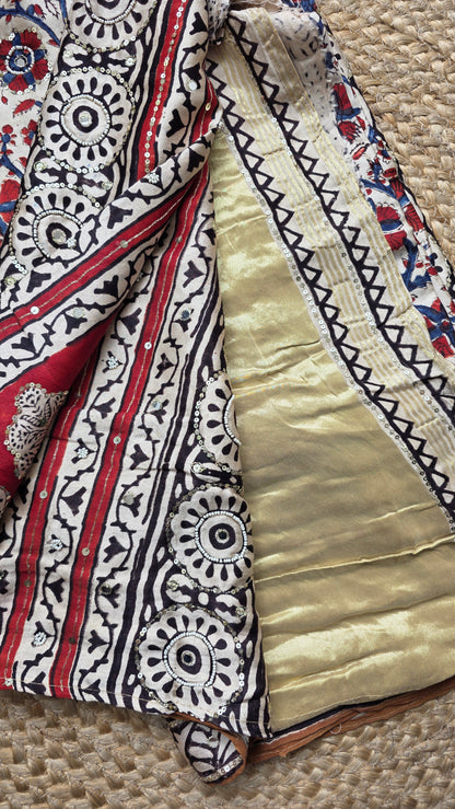 Bijli |Modal ajrakh Saree tissue pallu with hand embroidery
