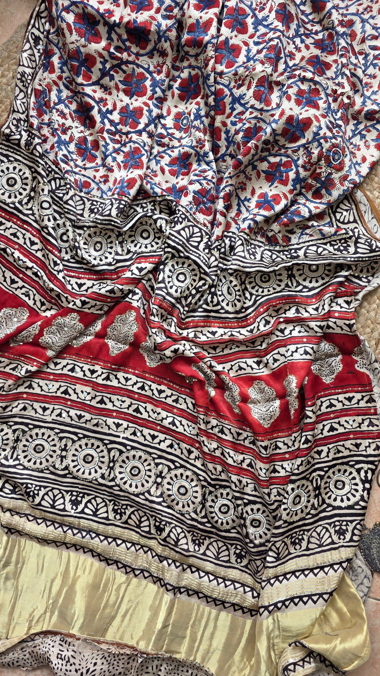 Bijli |Modal ajrakh Saree tissue pallu with hand embroidery
