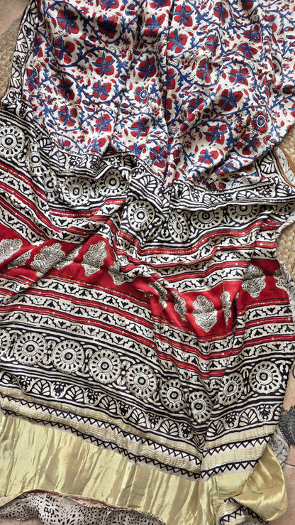 Bijli |Modal ajrakh Saree tissue pallu with hand embroidery
