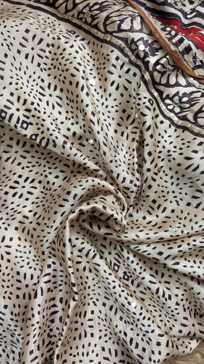 Bijli |Modal ajrakh Saree tissue pallu with hand embroidery