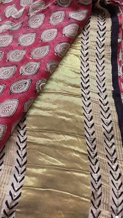 Bijli |Modal ajrakh Saree tissue pallu with hand embroidery