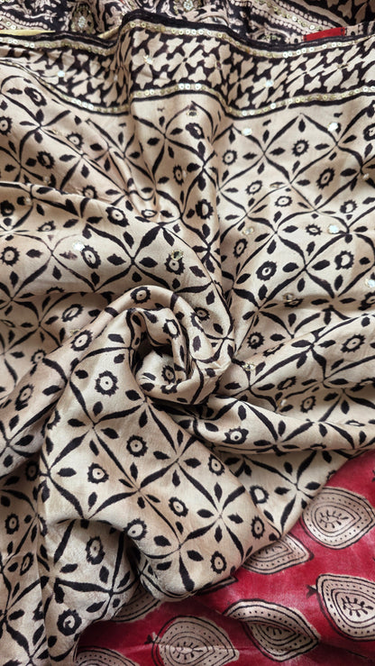 Bijli |Modal ajrakh Saree tissue pallu with hand embroidery