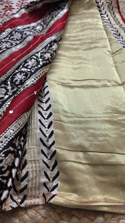 Bijli |Modal ajrakh Saree tissue pallu with hand embroidery