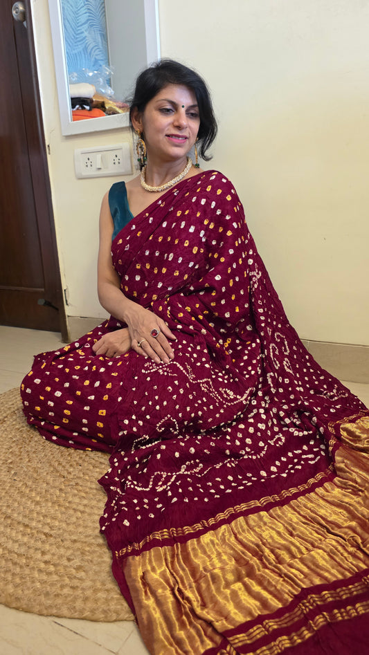 Boond | Maroon Bandhej with Tissue pallu