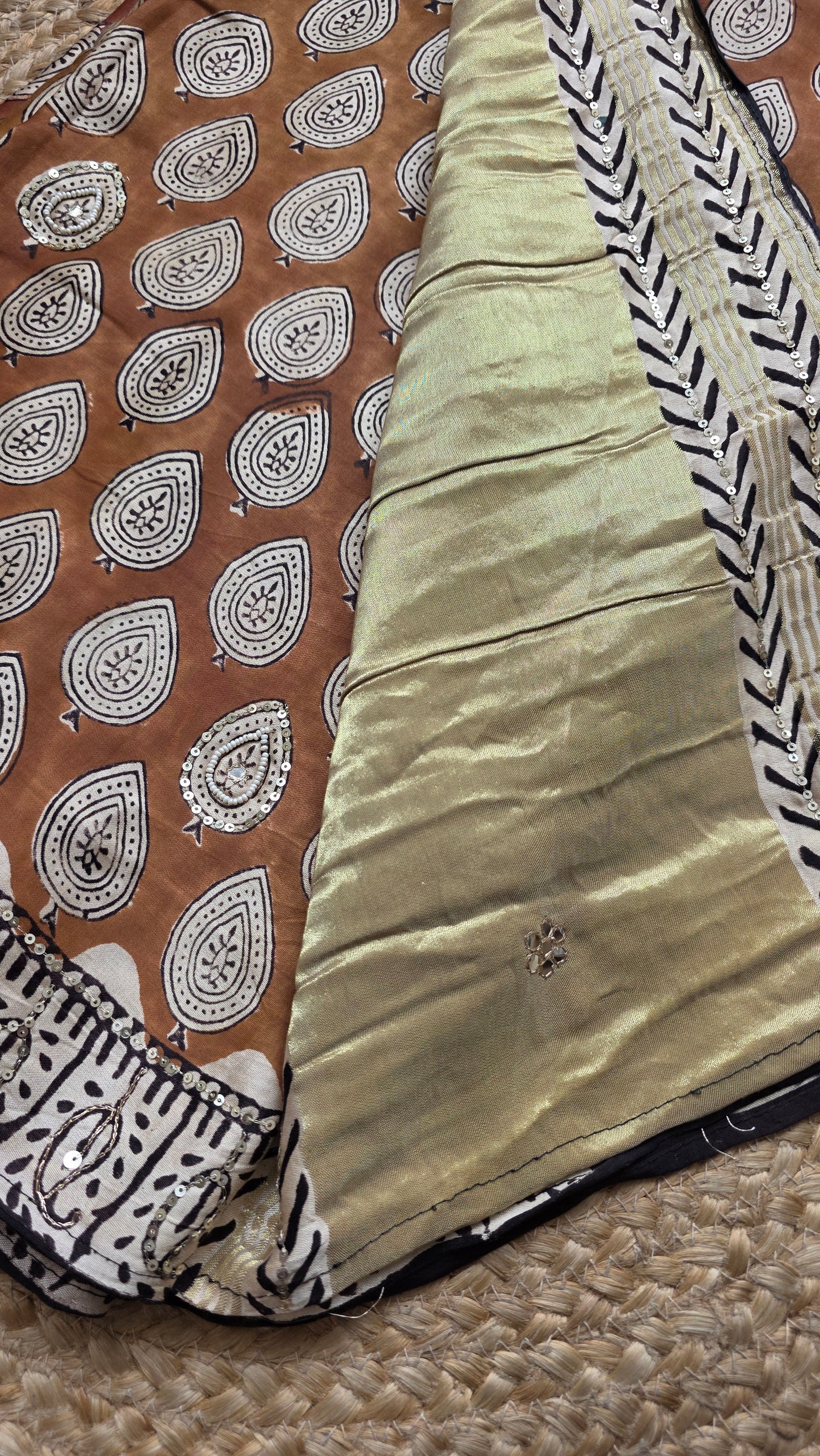 Bijli |Modal ajrakh Saree tissue pallu with hand embroidery