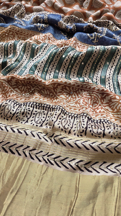 Bijli |Modal ajrakh Saree tissue pallu with hand embroidery
