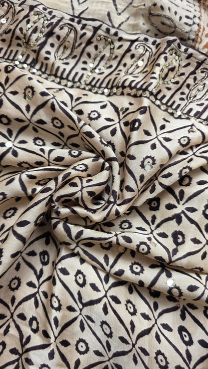 Bijli |Modal ajrakh Saree tissue pallu with hand embroidery