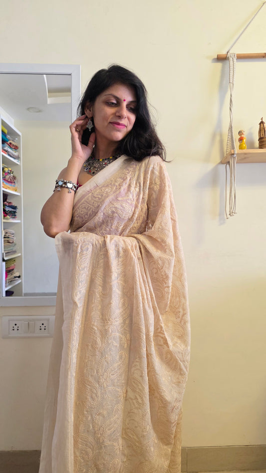 Adaa Ivory Mulmul Chikankari embroidery Saree
