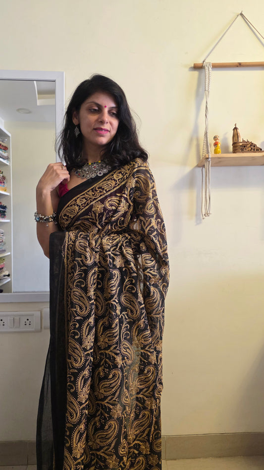 Adaa Black & Rust Mulmul Chikankari embroidery Saree