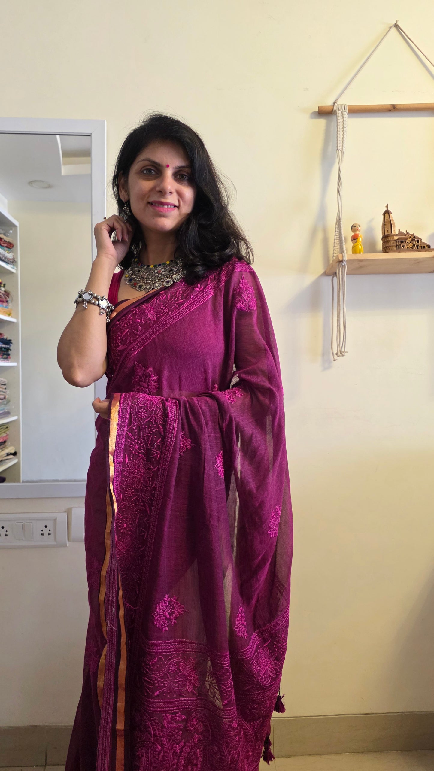 Magenta Mulmul Chikankari embroidery Saree