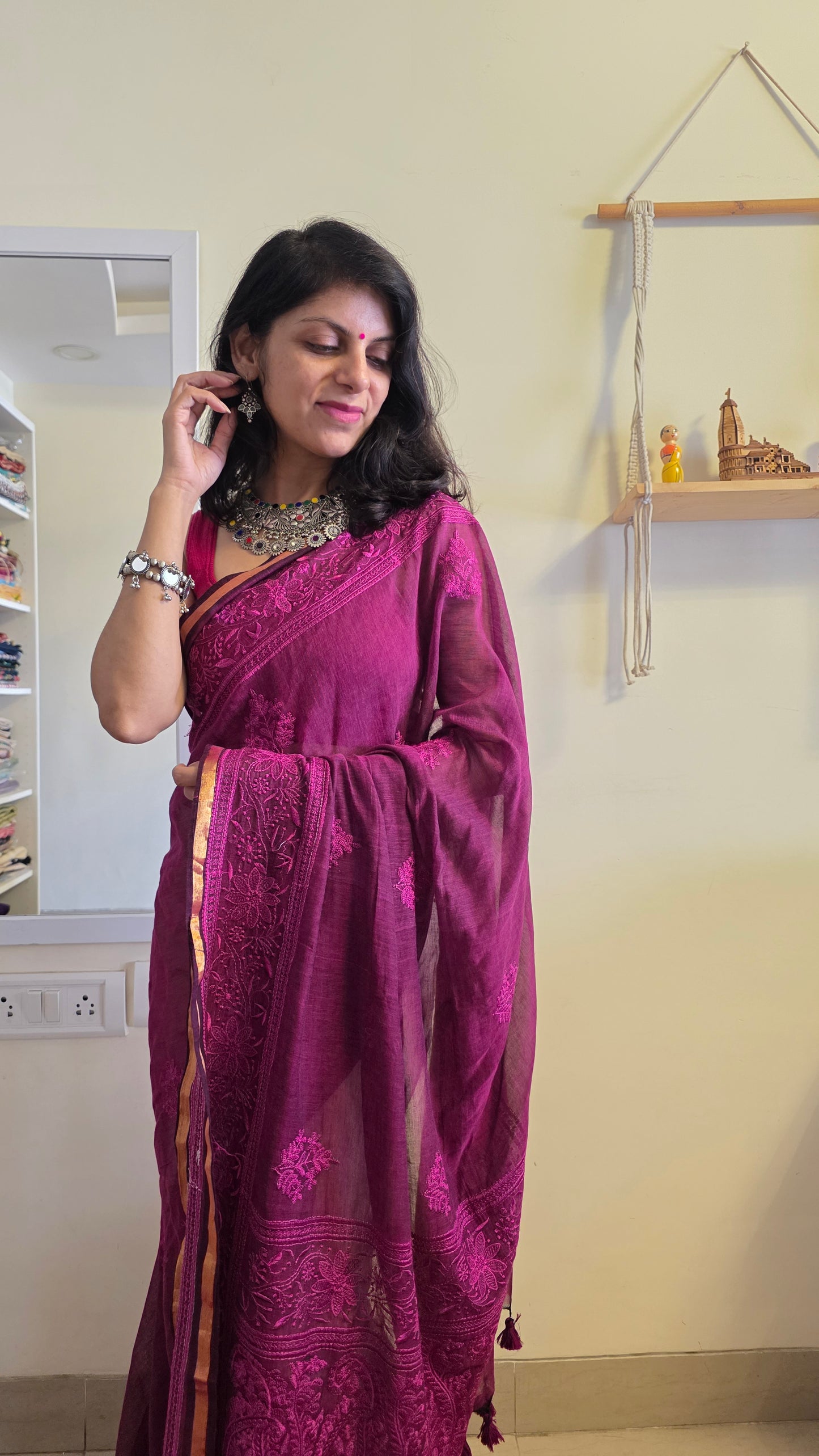 Magenta Mulmul Chikankari embroidery Saree