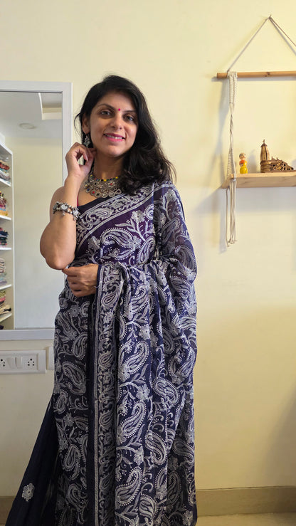 Blue and white Mulmul Chikankari embroidery Saree