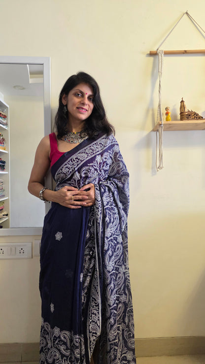Blue and white Mulmul Chikankari embroidery Saree