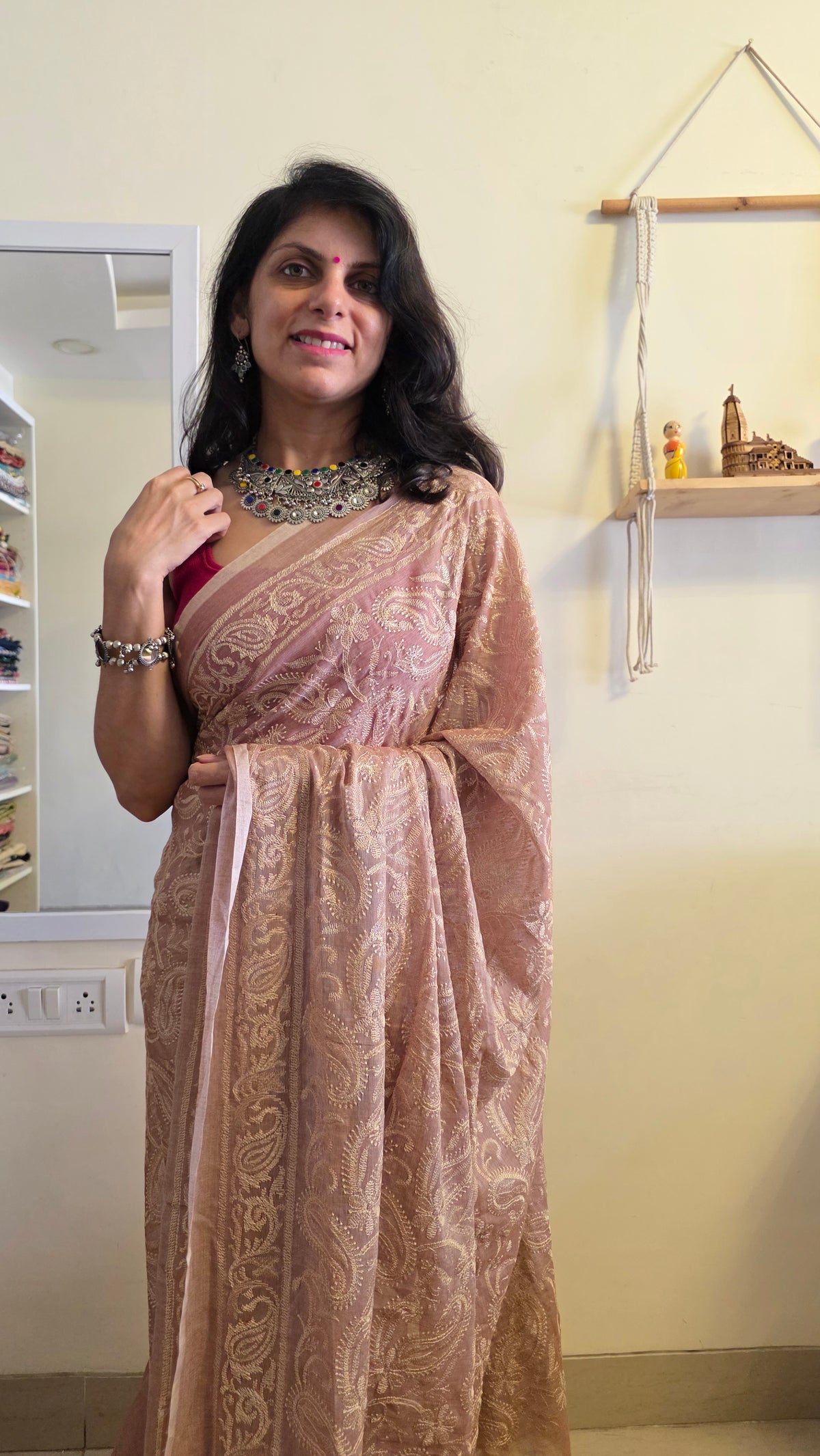 Adaa Cinnamon Mulmul Chikankari embroidery Saree