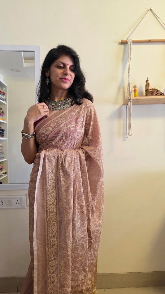 Adaa Cinnamon Mulmul Chikankari embroidery Saree
