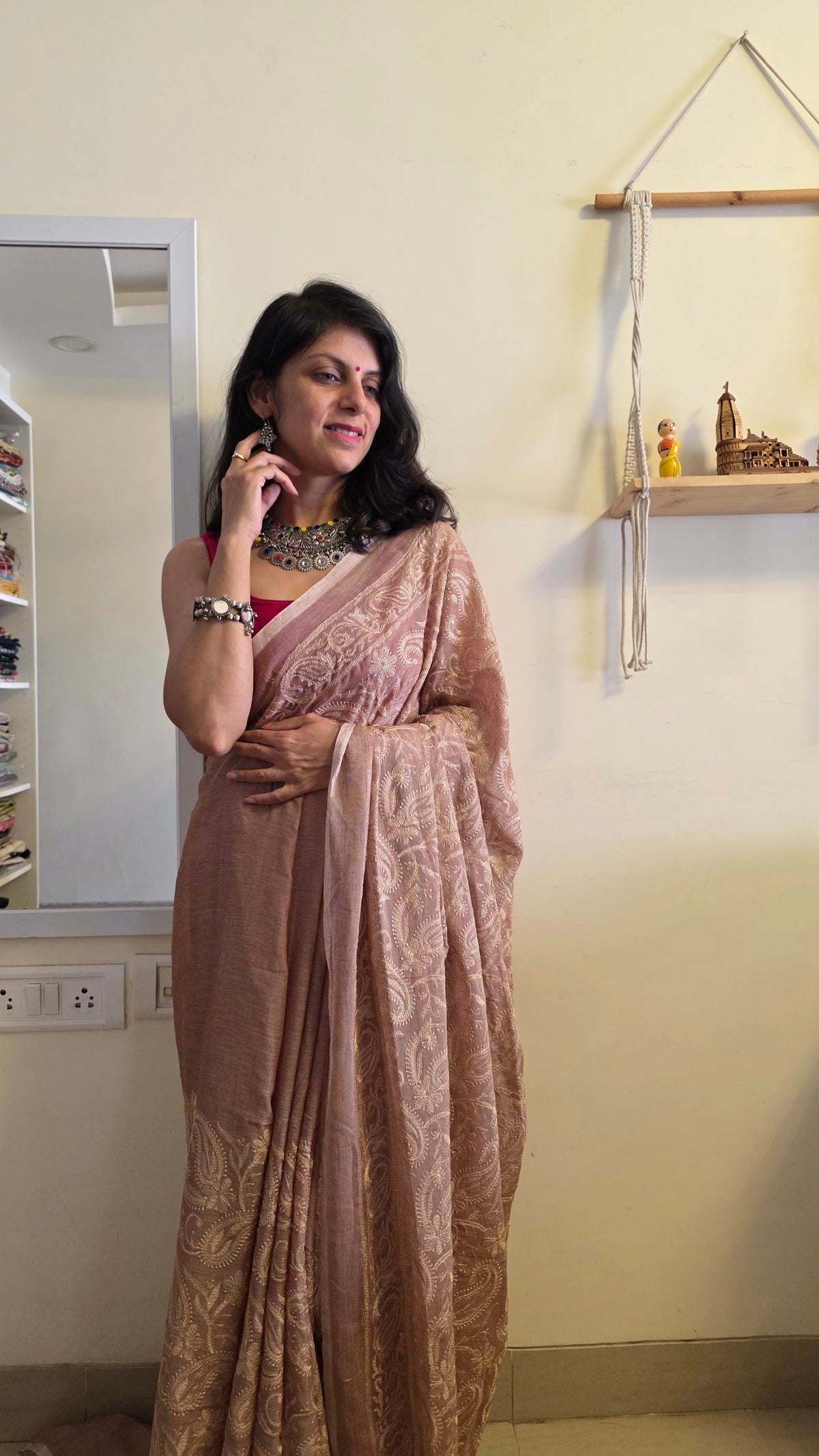 Adaa Cinnamon Mulmul Chikankari embroidery Saree