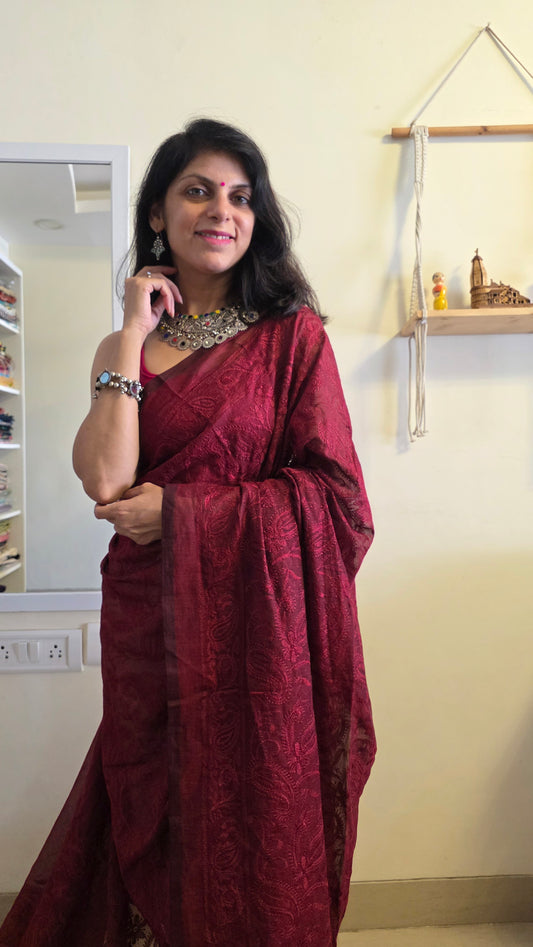 Adaa Terracotta Mulmul Chikankari embroidery Saree