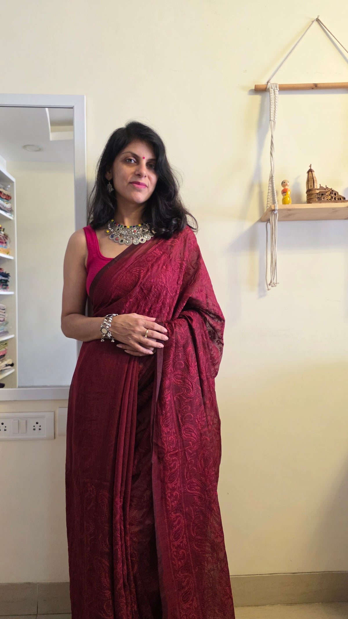 Adaa Terracotta Mulmul Chikankari embroidery Saree