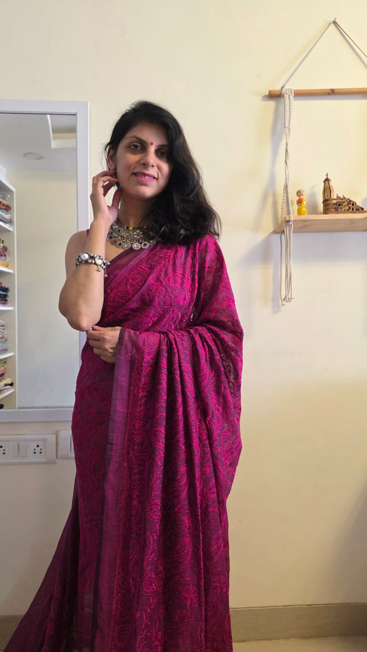 Adaa Purple Mulmul Chikankari embroidery Saree