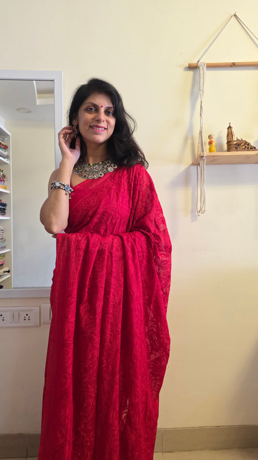 Adaa Red Mulmul Chikankari embroidery Saree