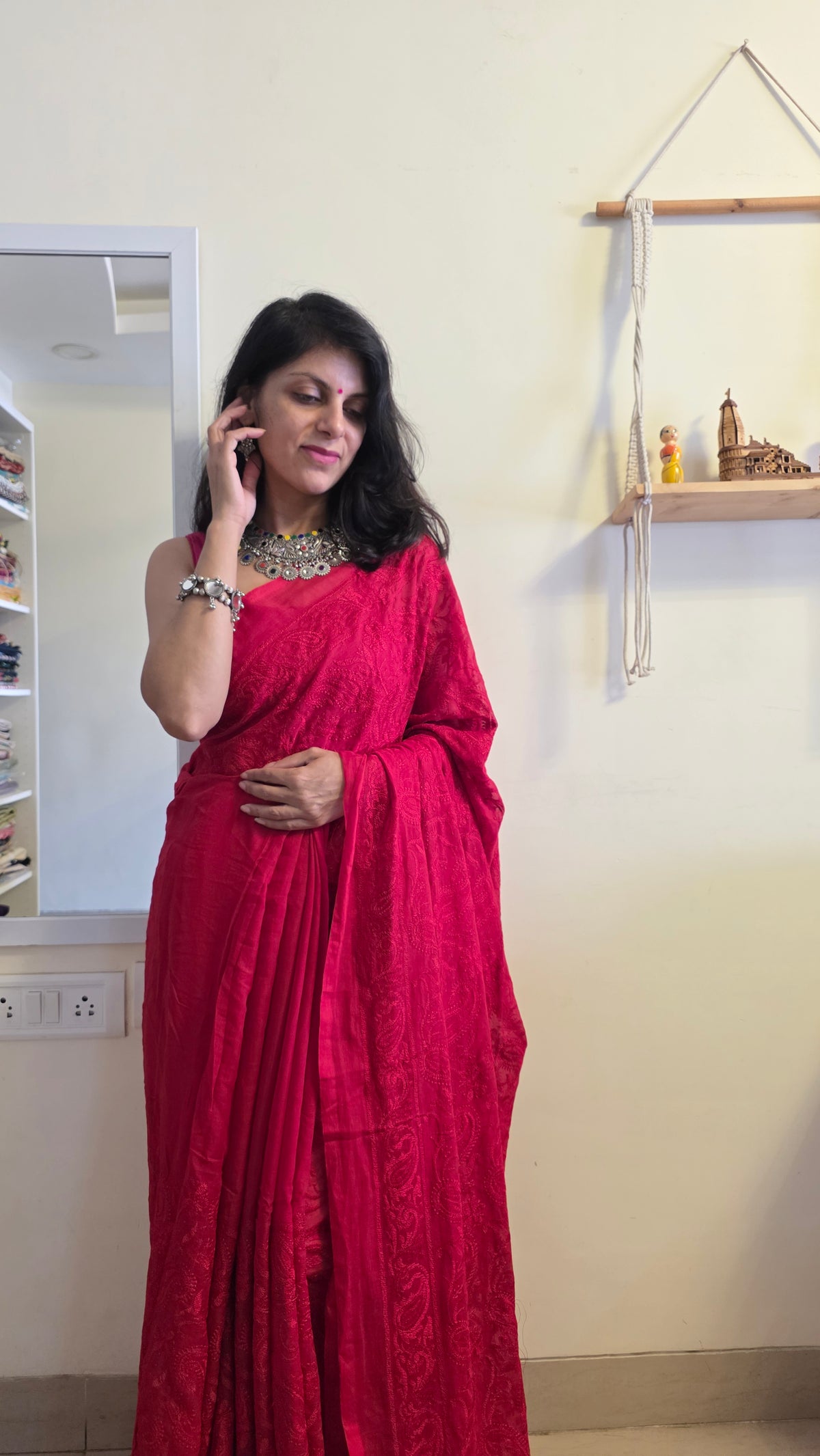 Adaa Red Mulmul Chikankari embroidery Saree