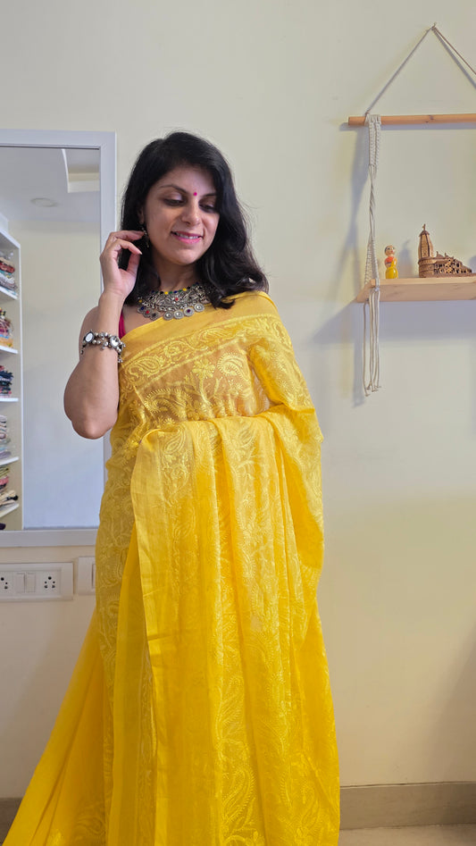 Adaa Yellow Mulmul Chikankari embroidery Saree