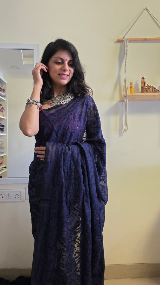 Adaa Blue Mulmul Chikankari embroidery Saree