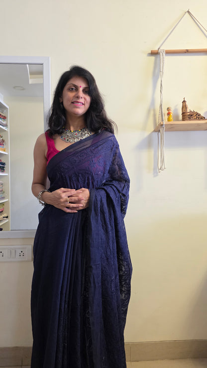 Adaa Blue Mulmul Chikankari embroidery Saree