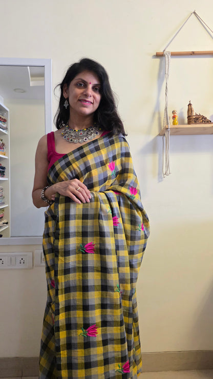 RangJaal | Yellow and black checks mulmul embroidery saree