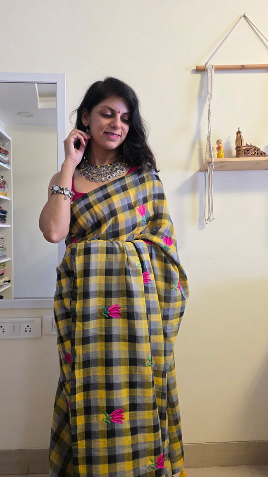RangJaal | Yellow and black checks mulmul embroidery saree