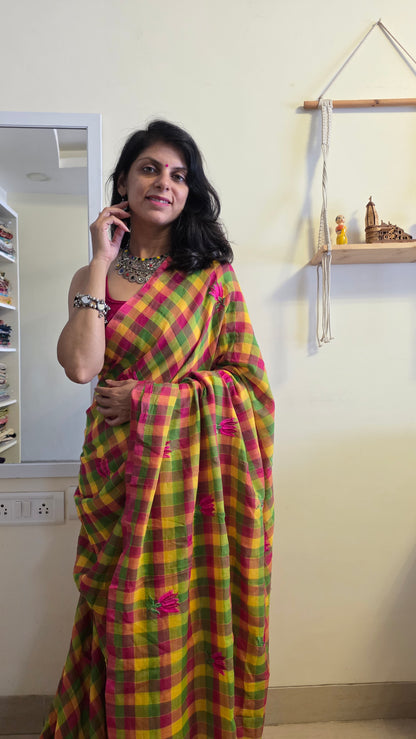 RangJaal | Multi-color checks mulmul embroidery saree