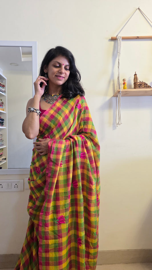 RangJaal | Multi-color checks mulmul embroidery saree