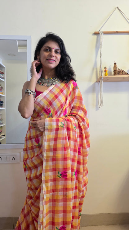 RangJaal | Red and white checks mulmul embroidery saree