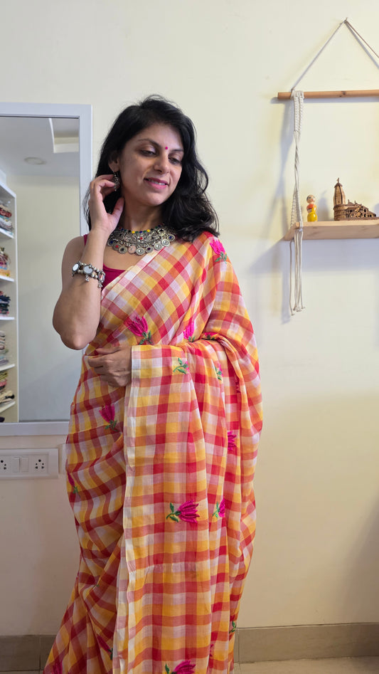 RangJaal | Red and white checks mulmul embroidery saree