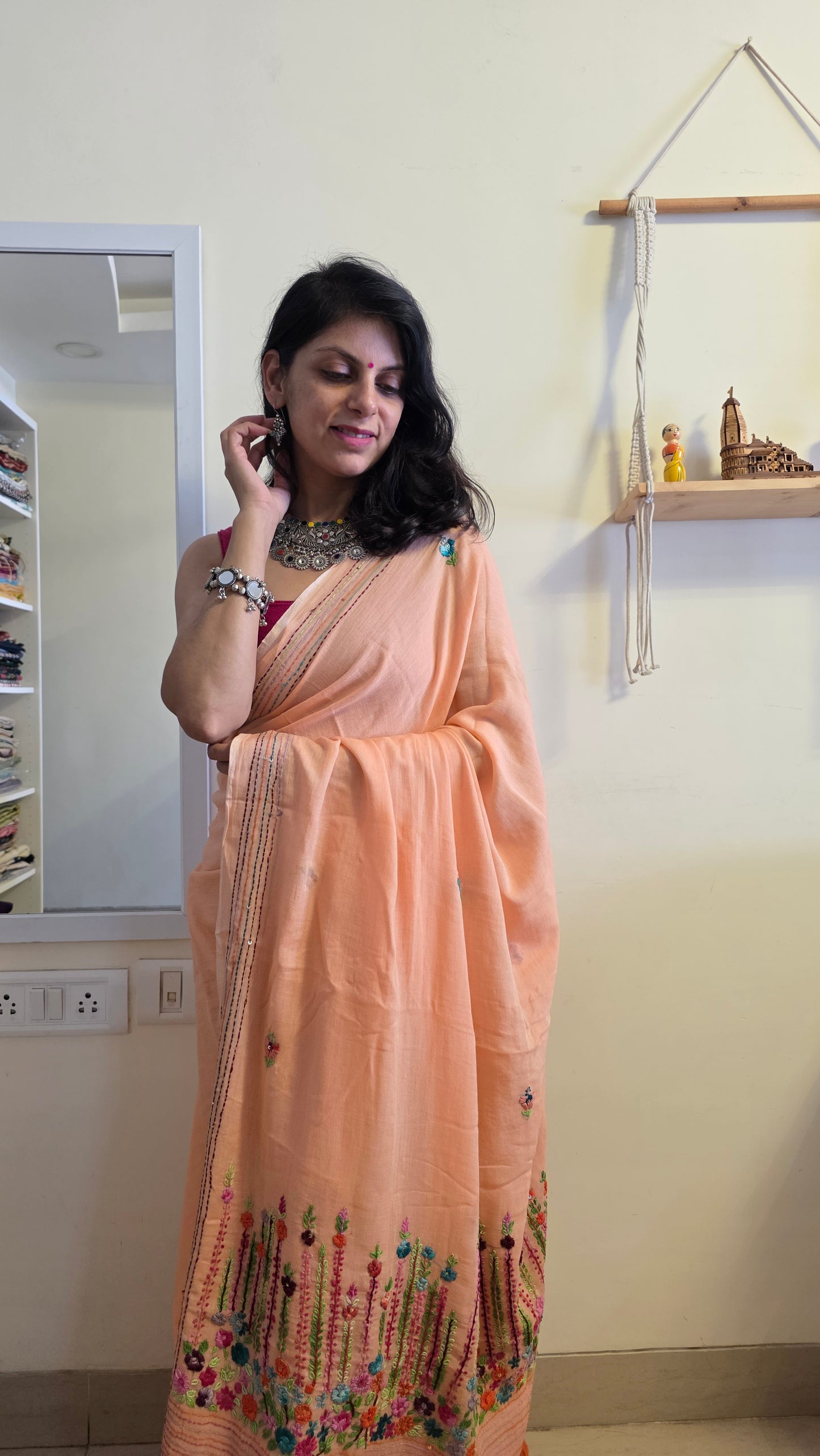 Peach Mulmul Chikankari embroidery Saree
