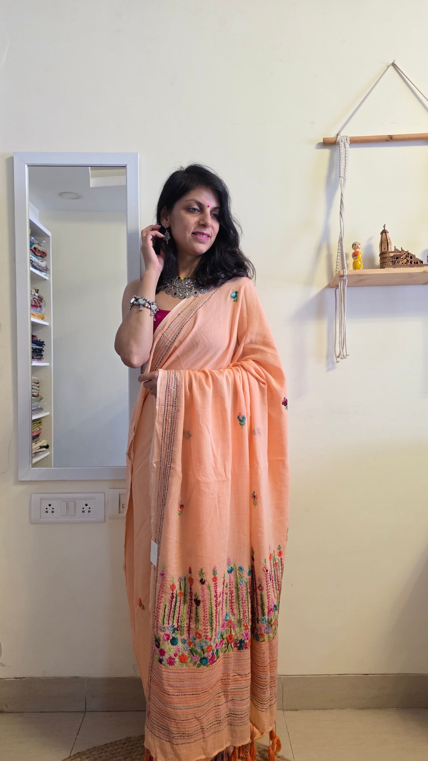 Peach Mulmul Chikankari embroidery Saree