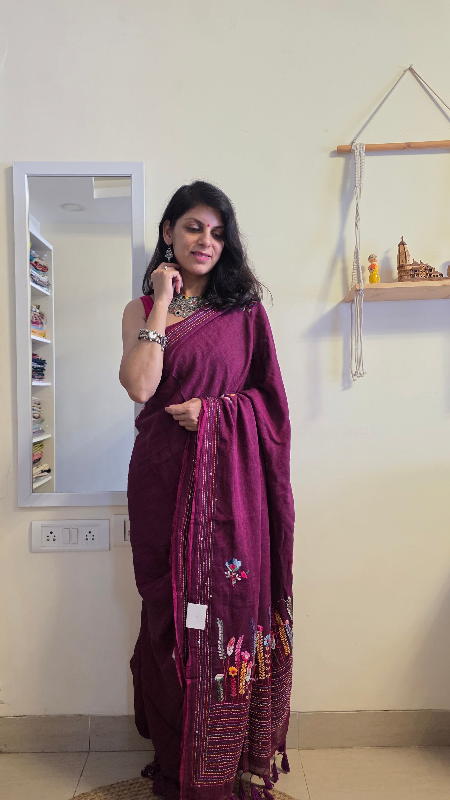 Wine Mulmul Chikankari embroidery Saree
